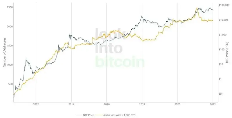 1000BTC以上のウォレット数推移